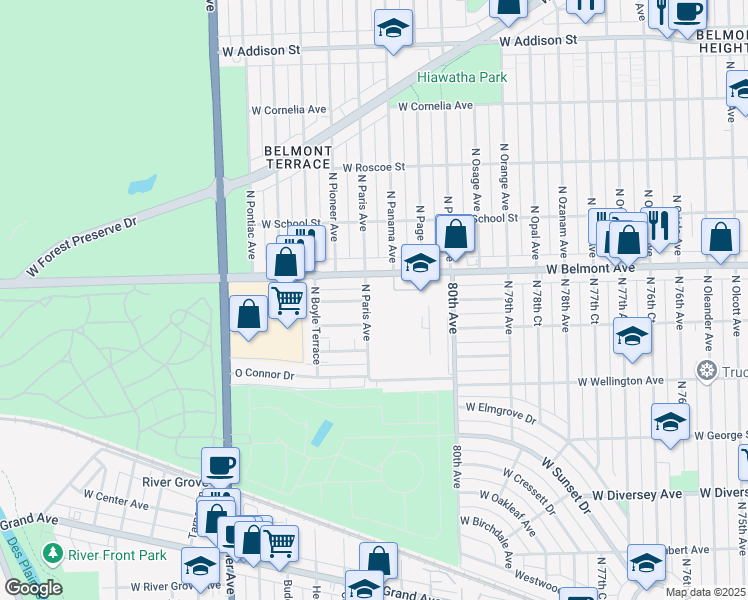 map of restaurants, bars, coffee shops, grocery stores, and more near 3121 Paris Avenue in River Grove