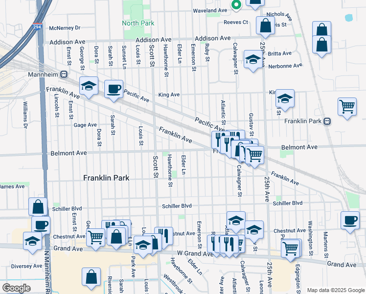 map of restaurants, bars, coffee shops, grocery stores, and more near 3200 Elder Lane in Franklin Park