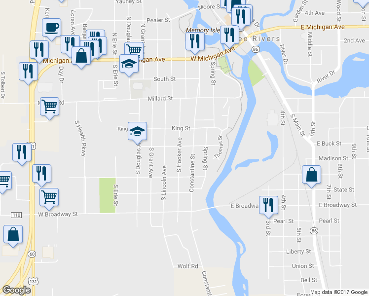 map of restaurants, bars, coffee shops, grocery stores, and more near 600 Buck Street in Three Rivers
