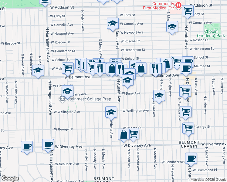 map of restaurants, bars, coffee shops, grocery stores, and more near 6018 W Barry Ave in Chicago