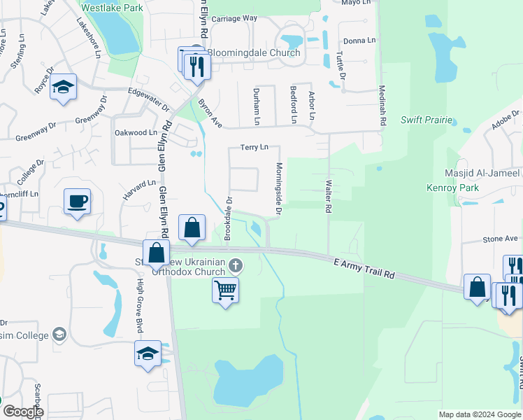 map of restaurants, bars, coffee shops, grocery stores, and more near 313 Creekside Drive in Bloomingdale