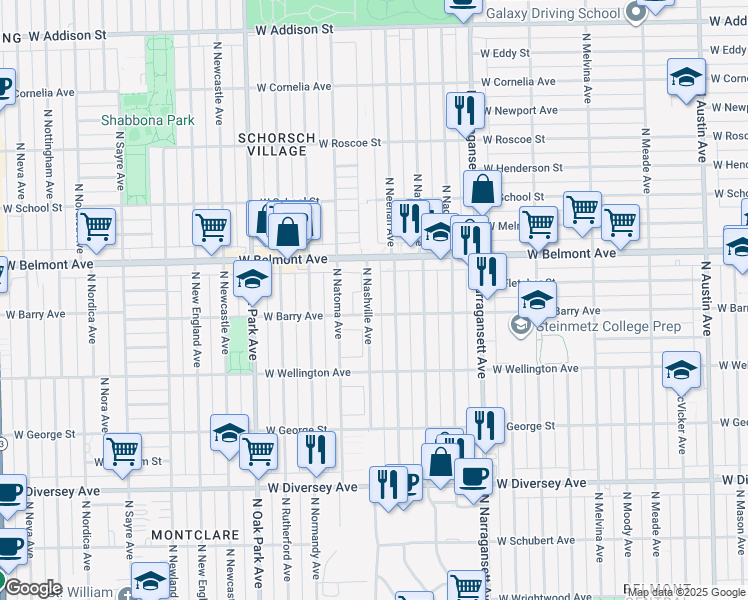 map of restaurants, bars, coffee shops, grocery stores, and more near 3115 North Nashville Avenue in Chicago