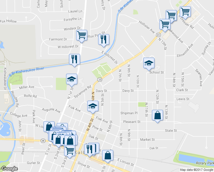 map of restaurants, bars, coffee shops, grocery stores, and more near 512 Kendall Lane in DeKalb