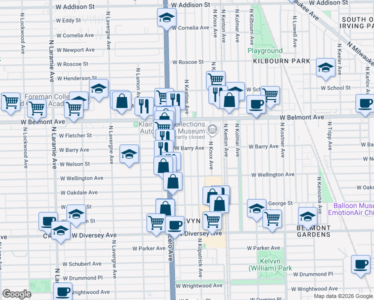 map of restaurants, bars, coffee shops, grocery stores, and more near 4715 West Barry Avenue in Chicago