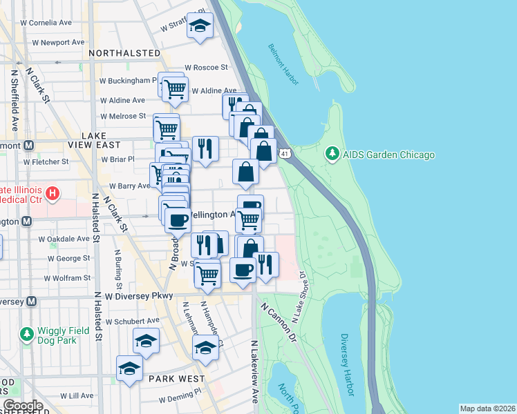 map of restaurants, bars, coffee shops, grocery stores, and more near 360 West Wellington Avenue in Chicago