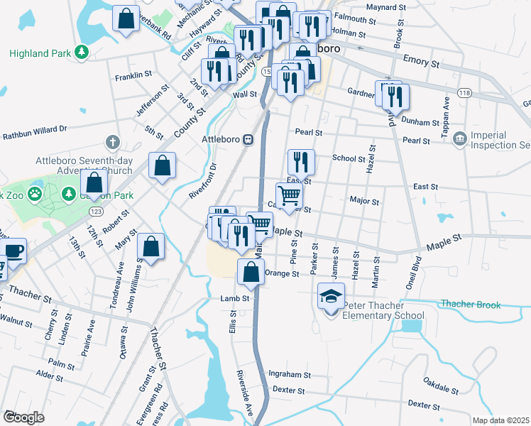 map of restaurants, bars, coffee shops, grocery stores, and more near 194 South Main Street in Attleboro