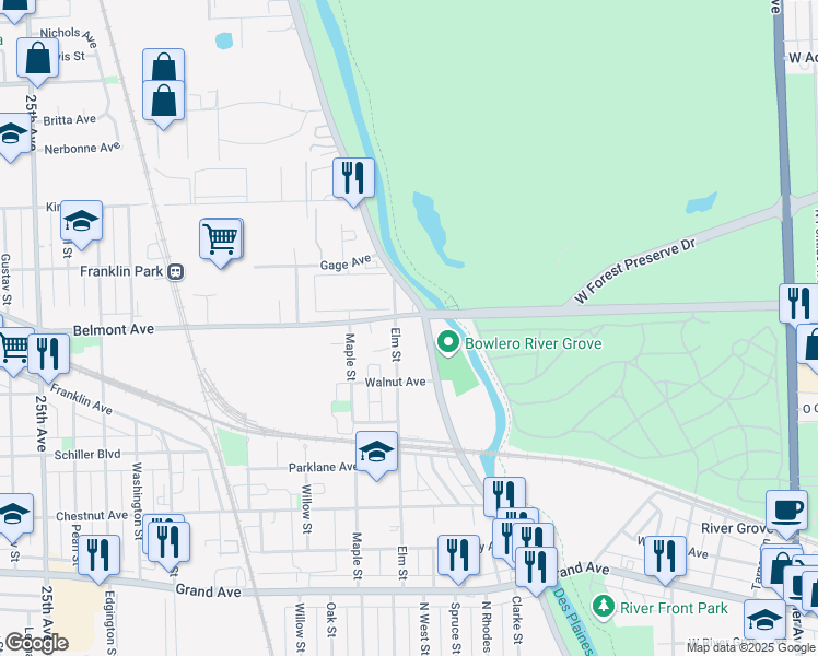 map of restaurants, bars, coffee shops, grocery stores, and more near 3160 North River Road in River Grove