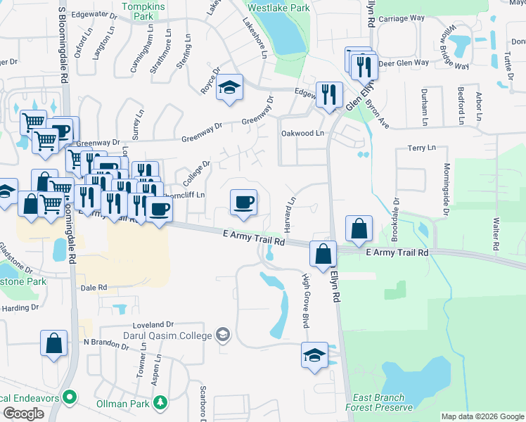 map of restaurants, bars, coffee shops, grocery stores, and more near 201 Regency Drive in Bloomingdale