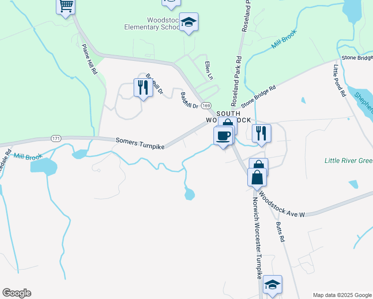 map of restaurants, bars, coffee shops, grocery stores, and more near 11 Brookwood Lane in Woodstock