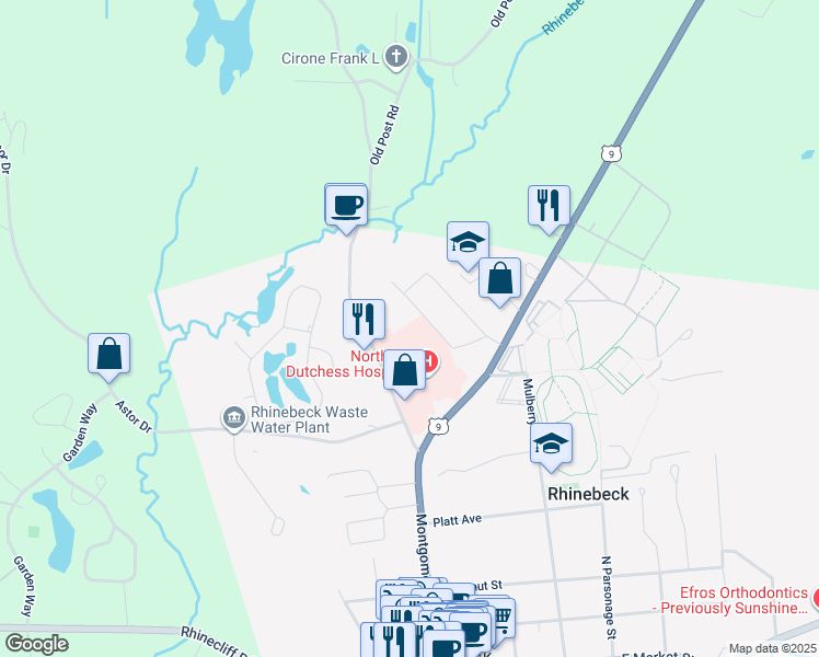map of restaurants, bars, coffee shops, grocery stores, and more near 6525 Spring Brook Avenue in Rhinebeck