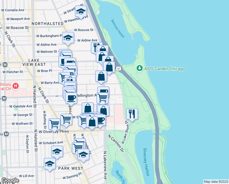 map of restaurants, bars, coffee shops, grocery stores, and more near 300-340 West Wellington Avenue in Chicago