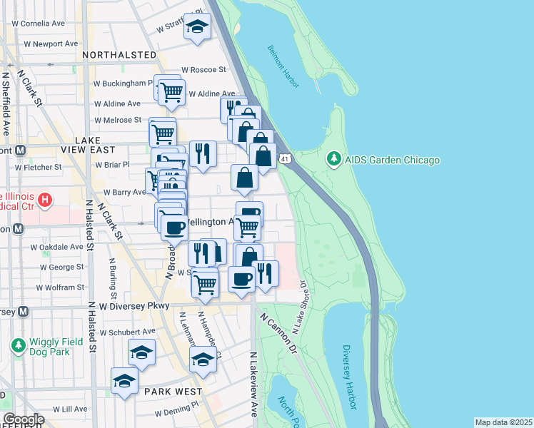 map of restaurants, bars, coffee shops, grocery stores, and more near 360 West Wellington Avenue in Chicago