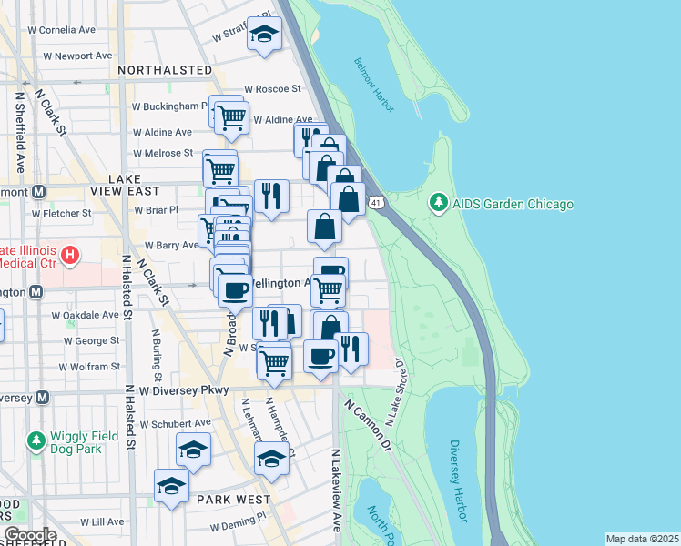 map of restaurants, bars, coffee shops, grocery stores, and more near 360 West Wellington Avenue in Chicago