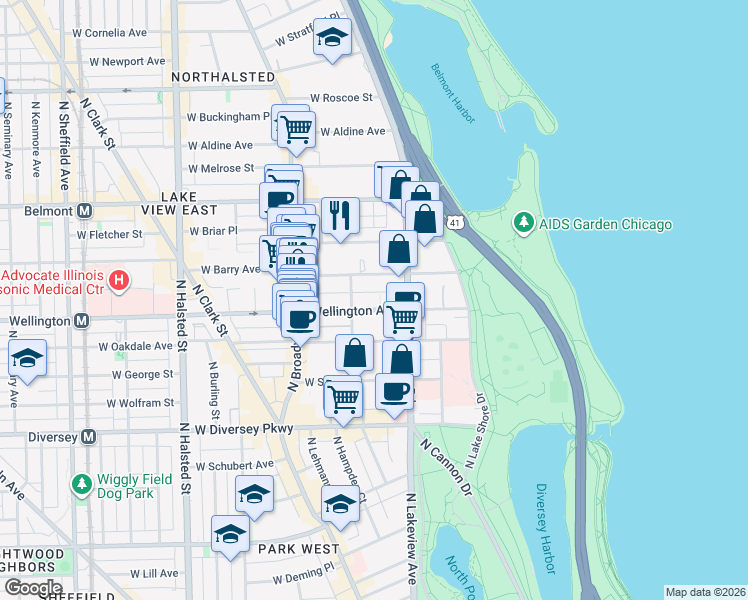 map of restaurants, bars, coffee shops, grocery stores, and more near 428 West Wellington Avenue in Chicago