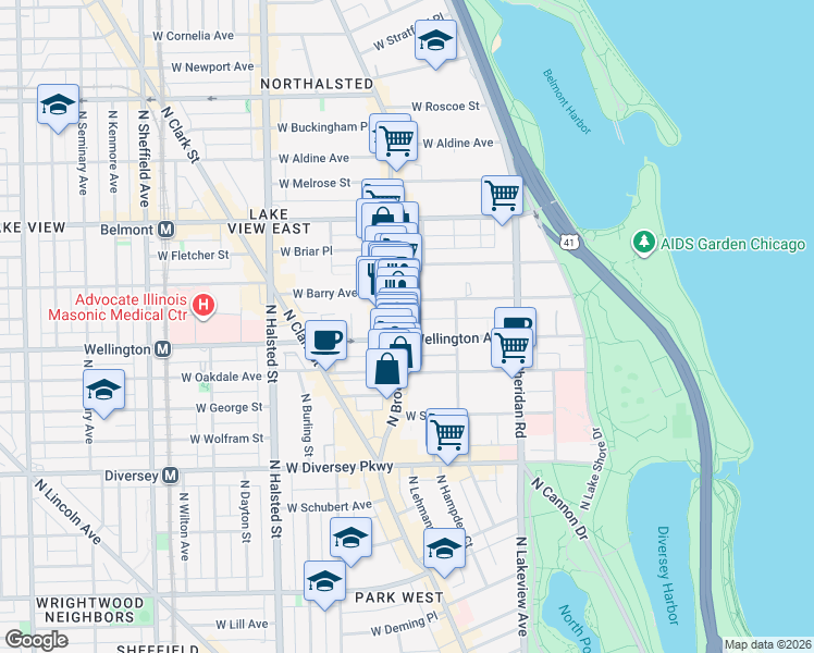 map of restaurants, bars, coffee shops, grocery stores, and more near 3013 North Broadway in Chicago