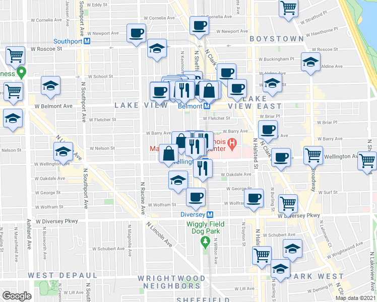 map of restaurants, bars, coffee shops, grocery stores, and more near 3024 North Kenmore Avenue in Chicago