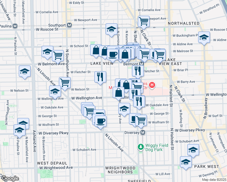 map of restaurants, bars, coffee shops, grocery stores, and more near 3022 North Seminary Avenue in Chicago