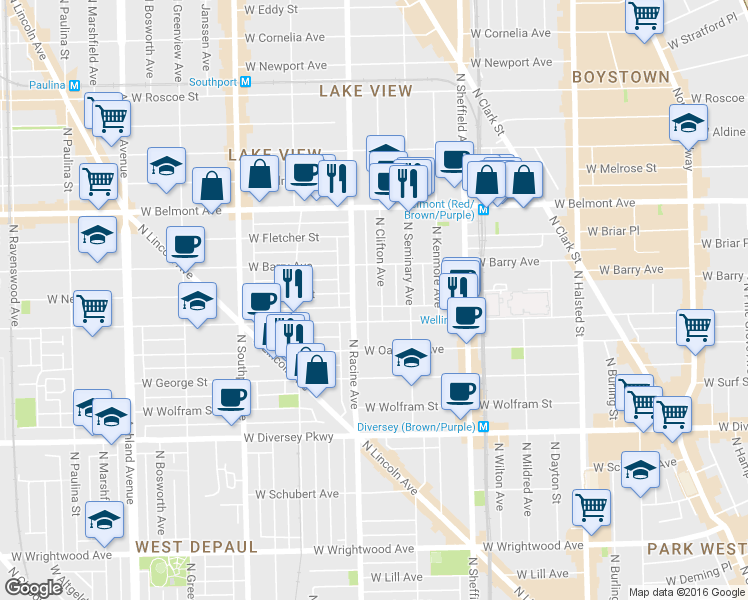 map of restaurants, bars, coffee shops, grocery stores, and more near 3025 North Racine Avenue in Chicago