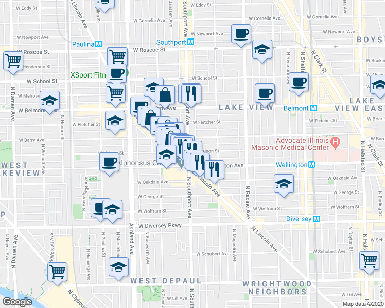 map of restaurants, bars, coffee shops, grocery stores, and more near 1343 West Nelson Street in Chicago