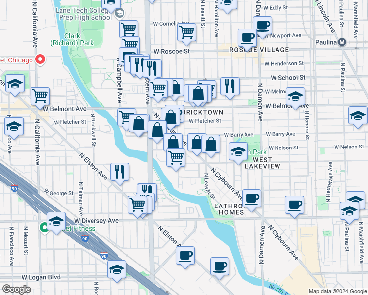map of restaurants, bars, coffee shops, grocery stores, and more near 3064 North Clybourn Avenue in Chicago