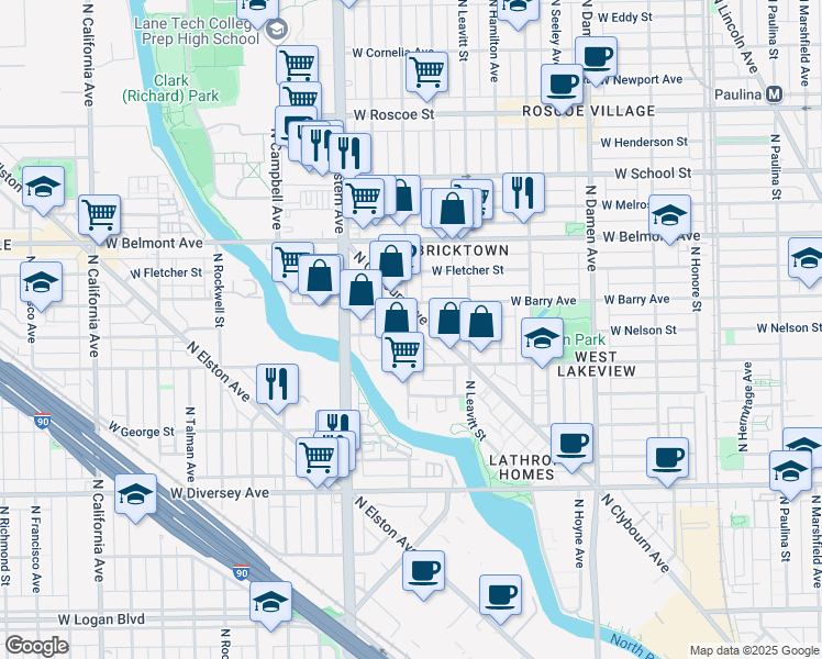 map of restaurants, bars, coffee shops, grocery stores, and more near 3064 North Clybourn Avenue in Chicago