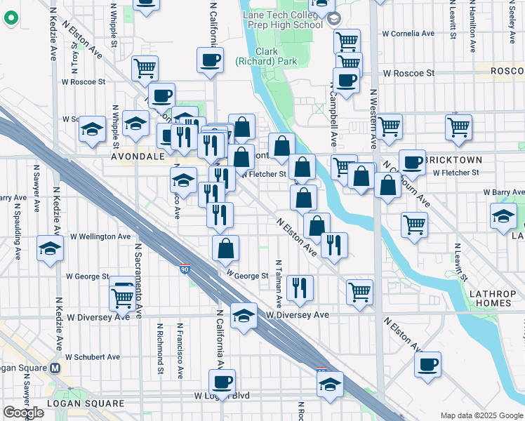 map of restaurants, bars, coffee shops, grocery stores, and more near 3059 North Elston Avenue in Chicago