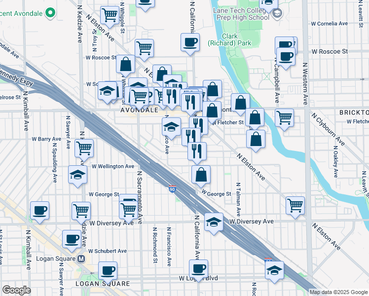 map of restaurants, bars, coffee shops, grocery stores, and more near 2826 West Nelson Street in Chicago