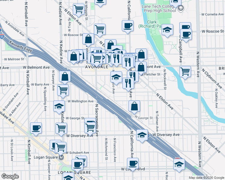 map of restaurants, bars, coffee shops, grocery stores, and more near 3046 North Francisco Avenue in Chicago