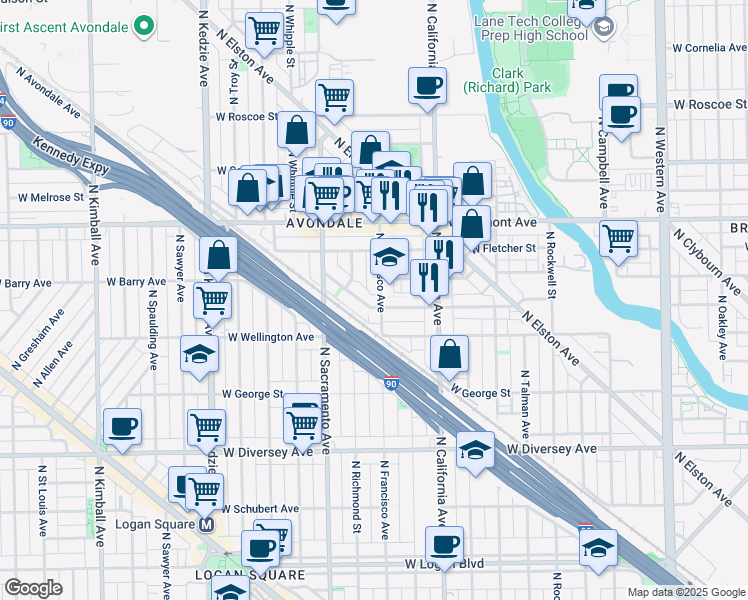 map of restaurants, bars, coffee shops, grocery stores, and more near 3046 North Francisco Avenue in Chicago