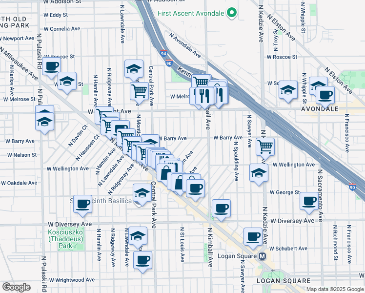 map of restaurants, bars, coffee shops, grocery stores, and more near 3038 North Gresham Avenue in Chicago