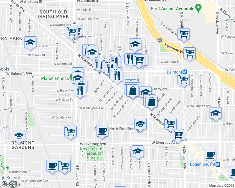 map of restaurants, bars, coffee shops, grocery stores, and more near 3073 North Avers Avenue in Chicago