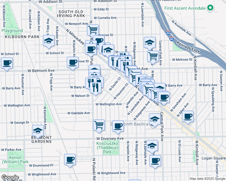 map of restaurants, bars, coffee shops, grocery stores, and more near 3075 North Davlin Court in Chicago