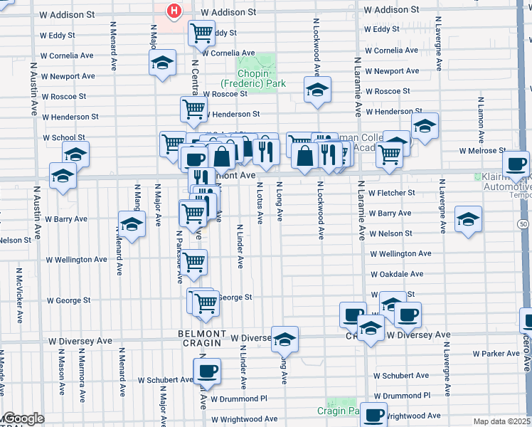map of restaurants, bars, coffee shops, grocery stores, and more near 5406 West Barry Avenue in Chicago