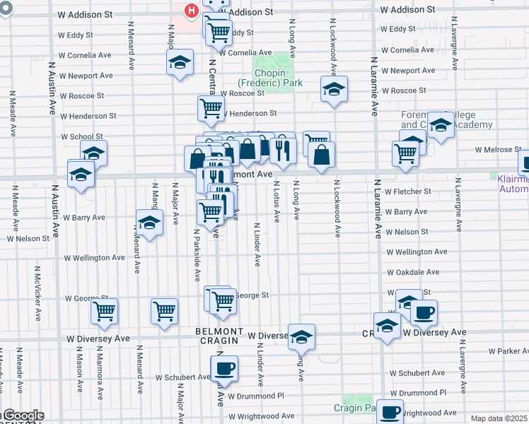 map of restaurants, bars, coffee shops, grocery stores, and more near 3103 North Linder Avenue in Chicago