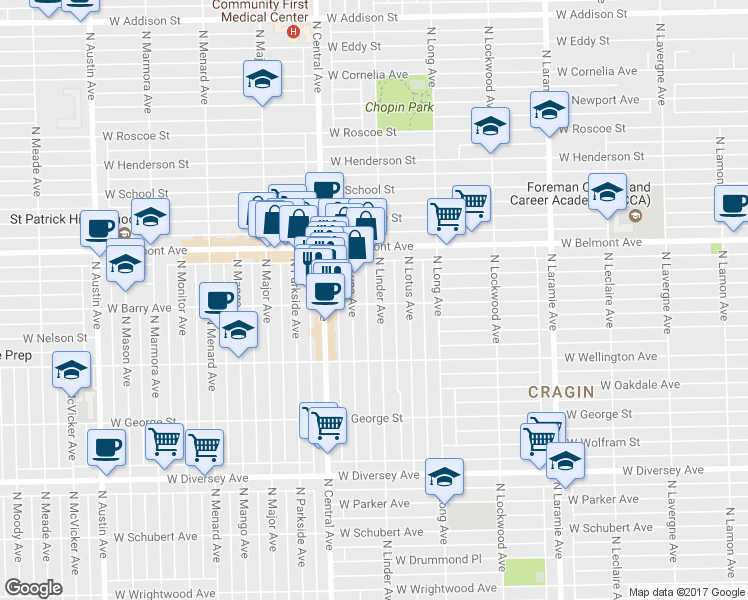 map of restaurants, bars, coffee shops, grocery stores, and more near 3105 North Luna Avenue in Chicago