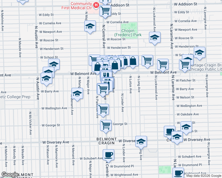 map of restaurants, bars, coffee shops, grocery stores, and more near 3105 North Luna Avenue in Chicago