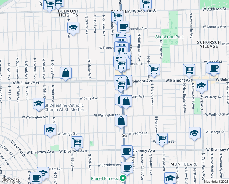 map of restaurants, bars, coffee shops, grocery stores, and more near 3120 North Oconto Avenue in Chicago