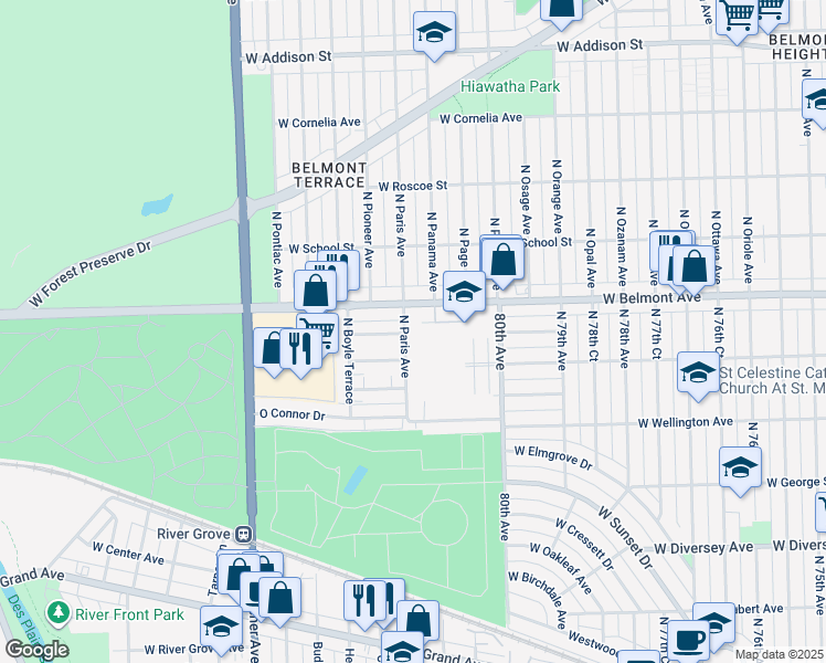 map of restaurants, bars, coffee shops, grocery stores, and more near 3121 Paris Avenue in River Grove