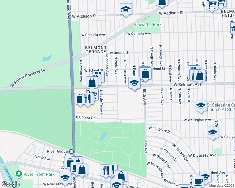 map of restaurants, bars, coffee shops, grocery stores, and more near 3121 Paris Avenue in River Grove