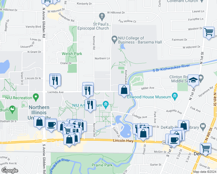 map of restaurants, bars, coffee shops, grocery stores, and more near 419 Garden Road in DeKalb