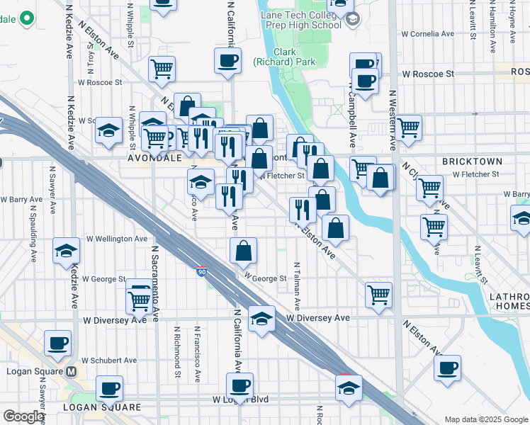 map of restaurants, bars, coffee shops, grocery stores, and more near 2716 W Nelson St in Chicago