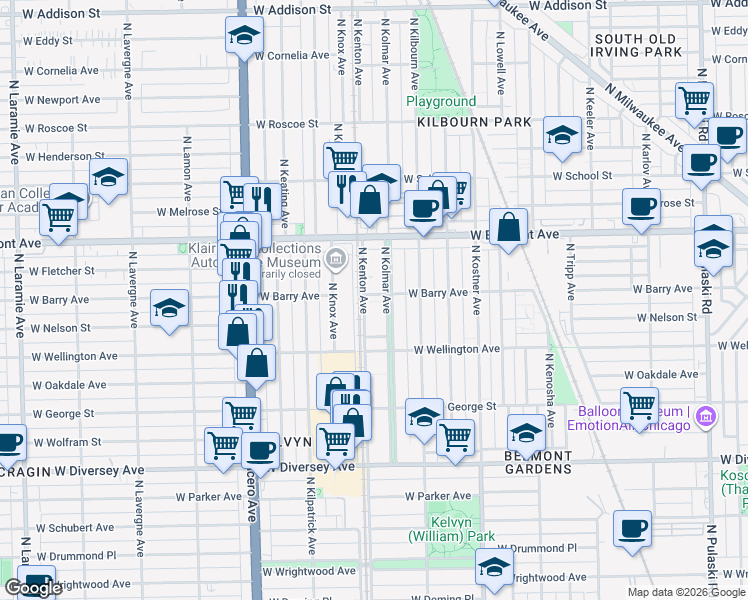 map of restaurants, bars, coffee shops, grocery stores, and more near 3058 North Kolmar Avenue in Chicago
