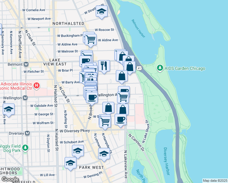 map of restaurants, bars, coffee shops, grocery stores, and more near 428 West Wellington Avenue in Chicago