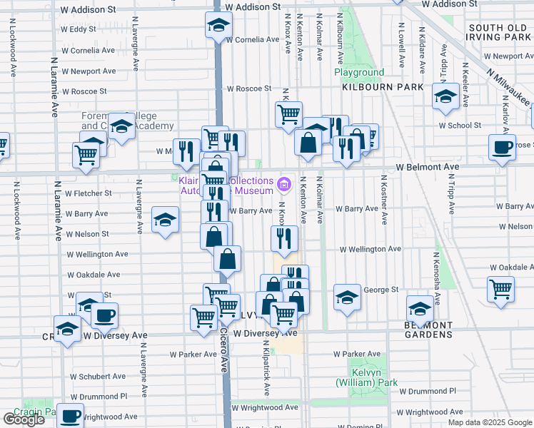 map of restaurants, bars, coffee shops, grocery stores, and more near 3059 North Kilpatrick Avenue in Chicago
