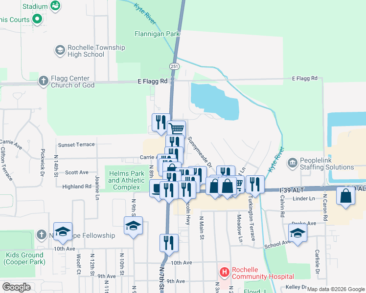 map of restaurants, bars, coffee shops, grocery stores, and more near 1263 Short Court in Rochelle