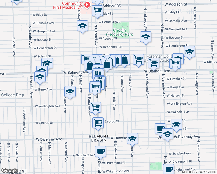 map of restaurants, bars, coffee shops, grocery stores, and more near 5518 West Barry Avenue in Chicago