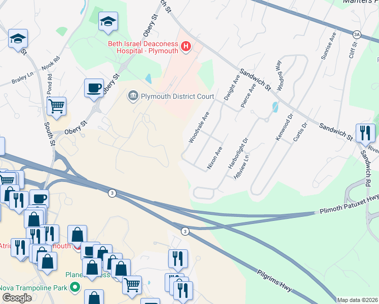 map of restaurants, bars, coffee shops, grocery stores, and more near 28 Woodvale Avenue in Plymouth