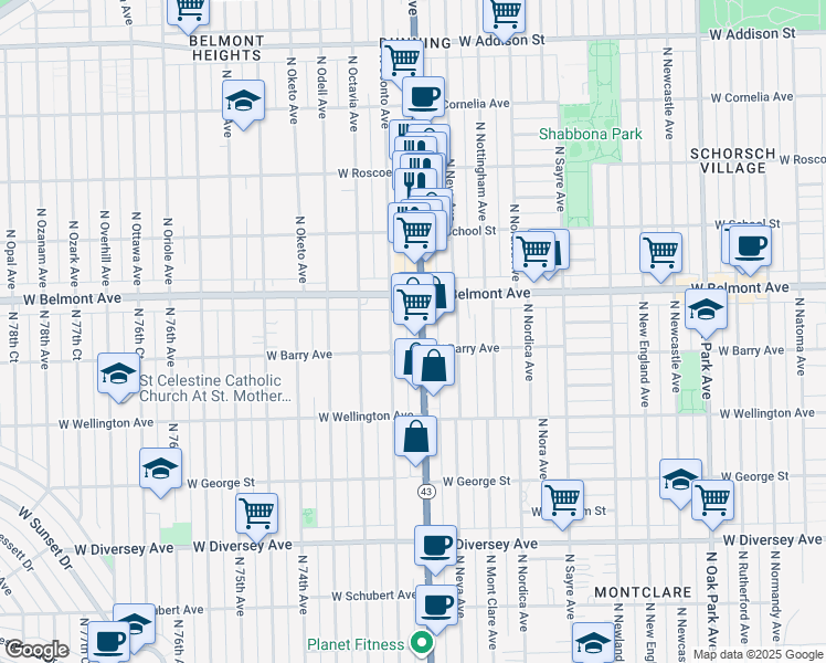map of restaurants, bars, coffee shops, grocery stores, and more near 3118 North Harlem Avenue in Chicago