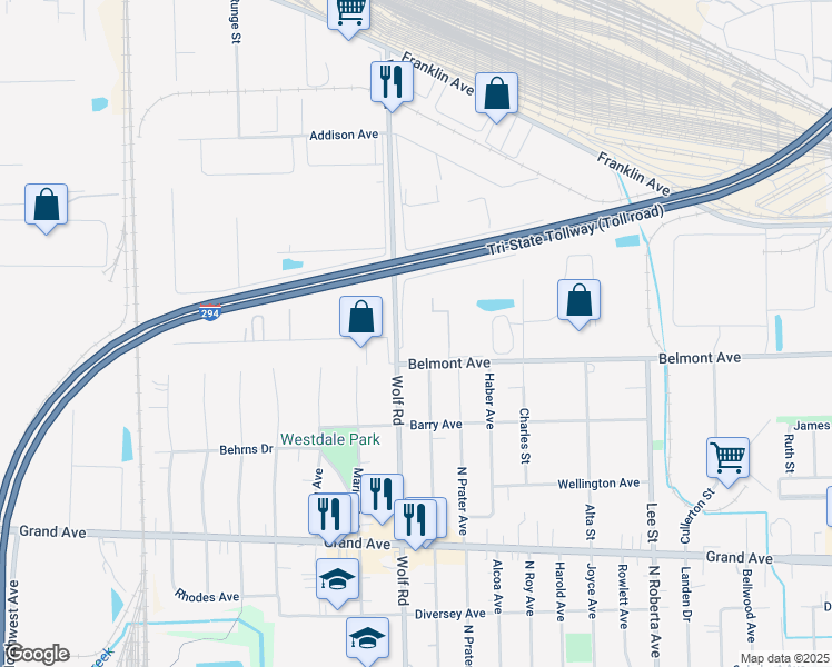map of restaurants, bars, coffee shops, grocery stores, and more near 3201 North Wolf Road in Franklin Park