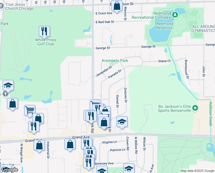 map of restaurants, bars, coffee shops, grocery stores, and more near 912 David Drive in Bensenville